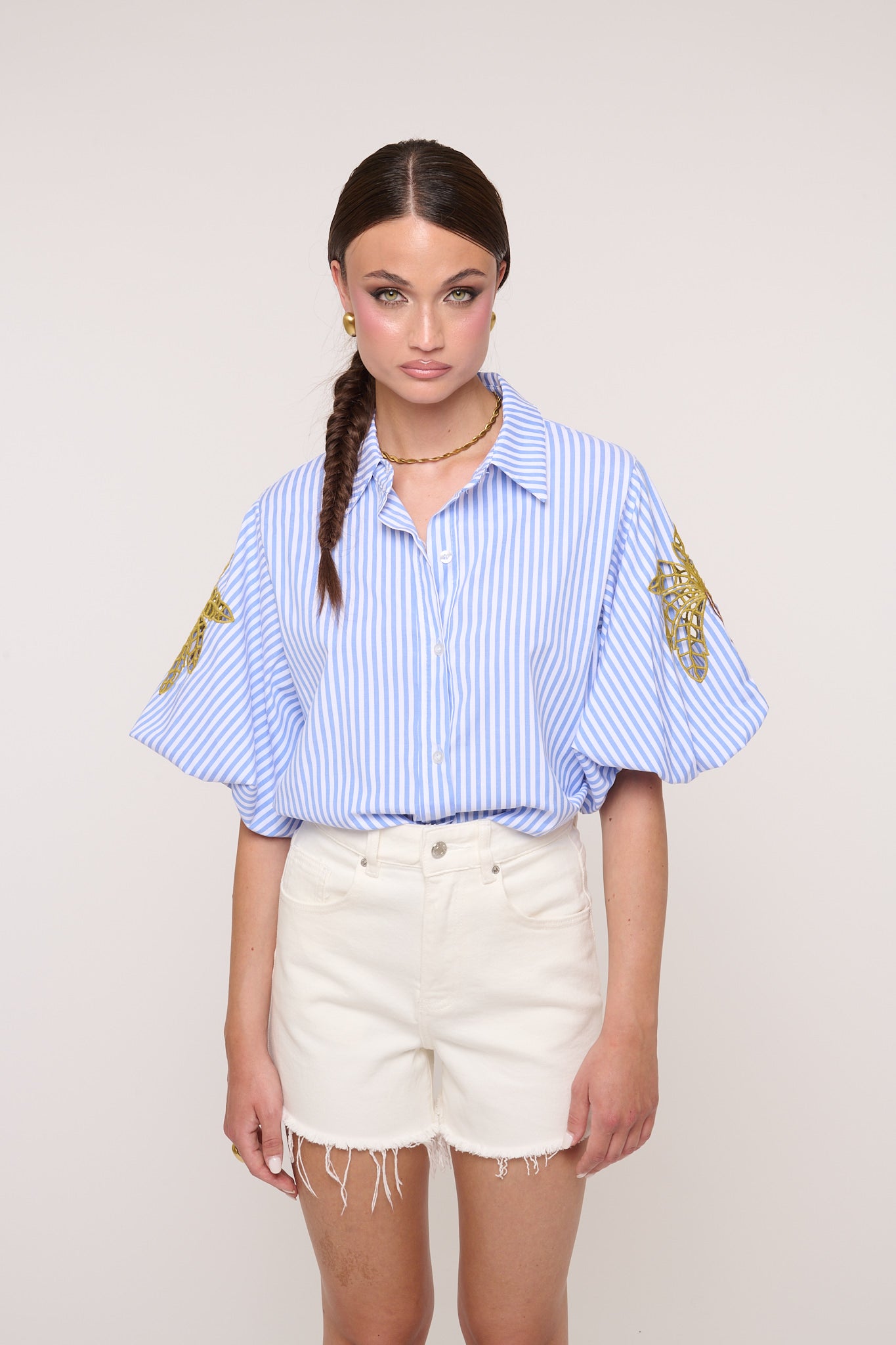 Camicia ‘100% COTONE’ con Palme Righe Azzurre