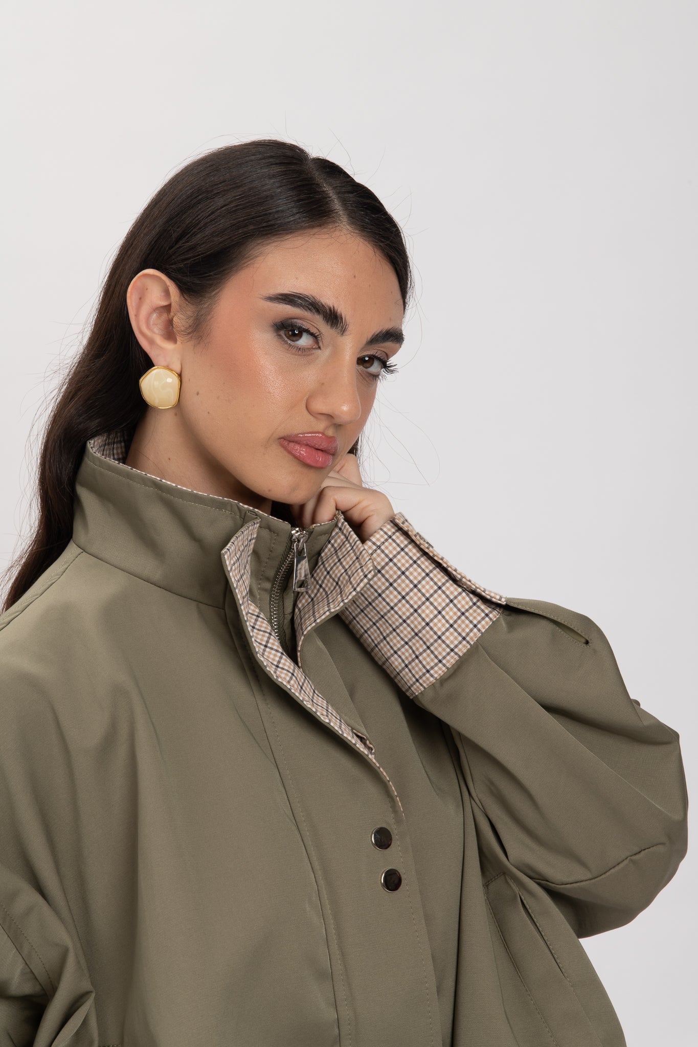 Bomber ‘COLLO ALTO DETTAGLI TARTAN’ Verde Militare