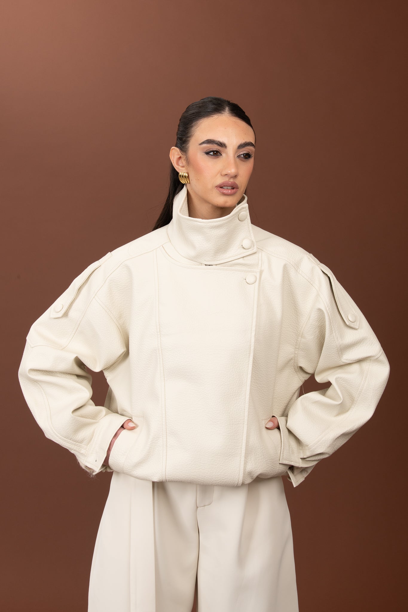 Chiodo/Bomber ‘COLLO ALTO’ ecopelle Panna