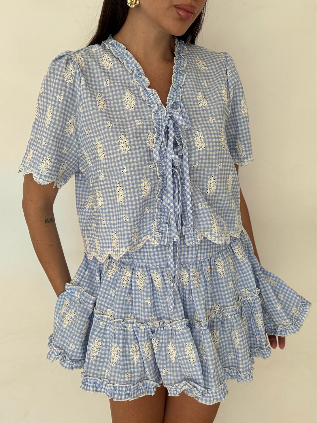 Coordinato ‘QUADRI e RICAMI’ Azzurro