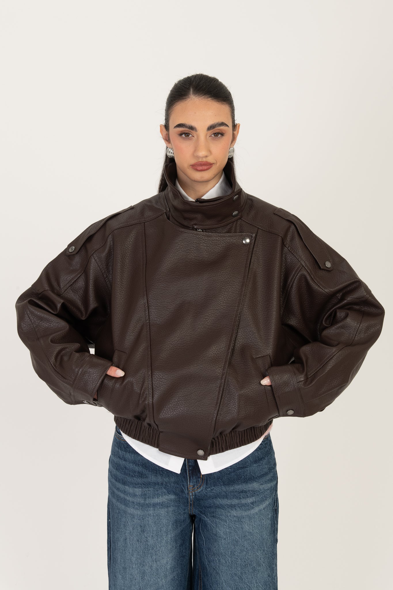 Chiodo/Bomber ‘COLLO ALTO’ ecopelle Cacao 2.0