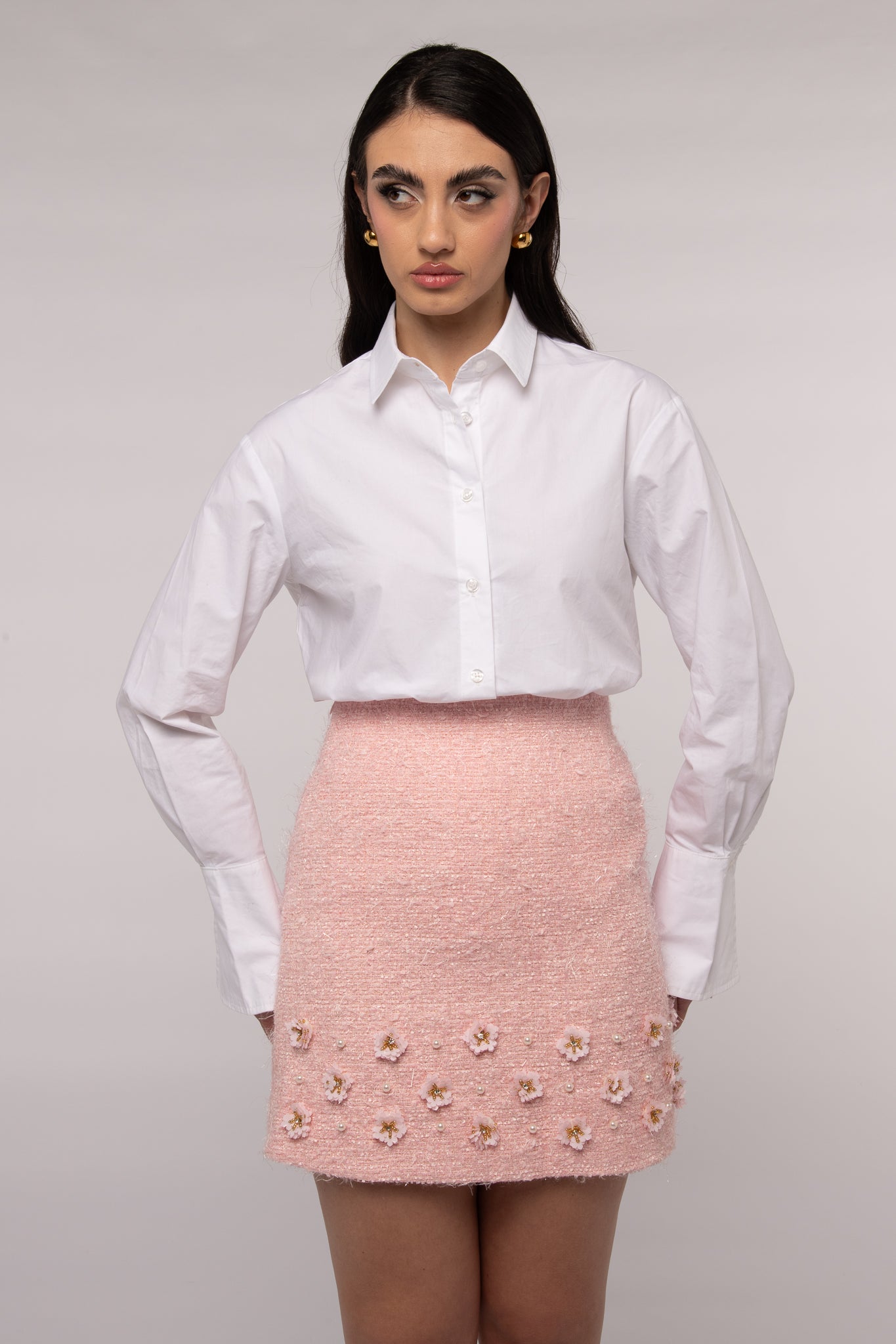 Gonna ‘IN TWEED’ con applicazioni floreali Rosa