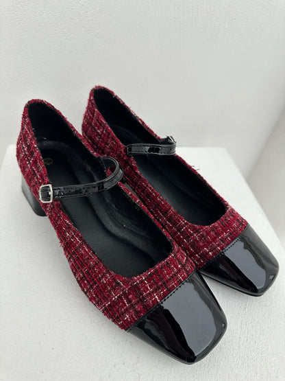 Mary Jane ‘IN TWEED’ punta in vernice Nere e Bordeaux