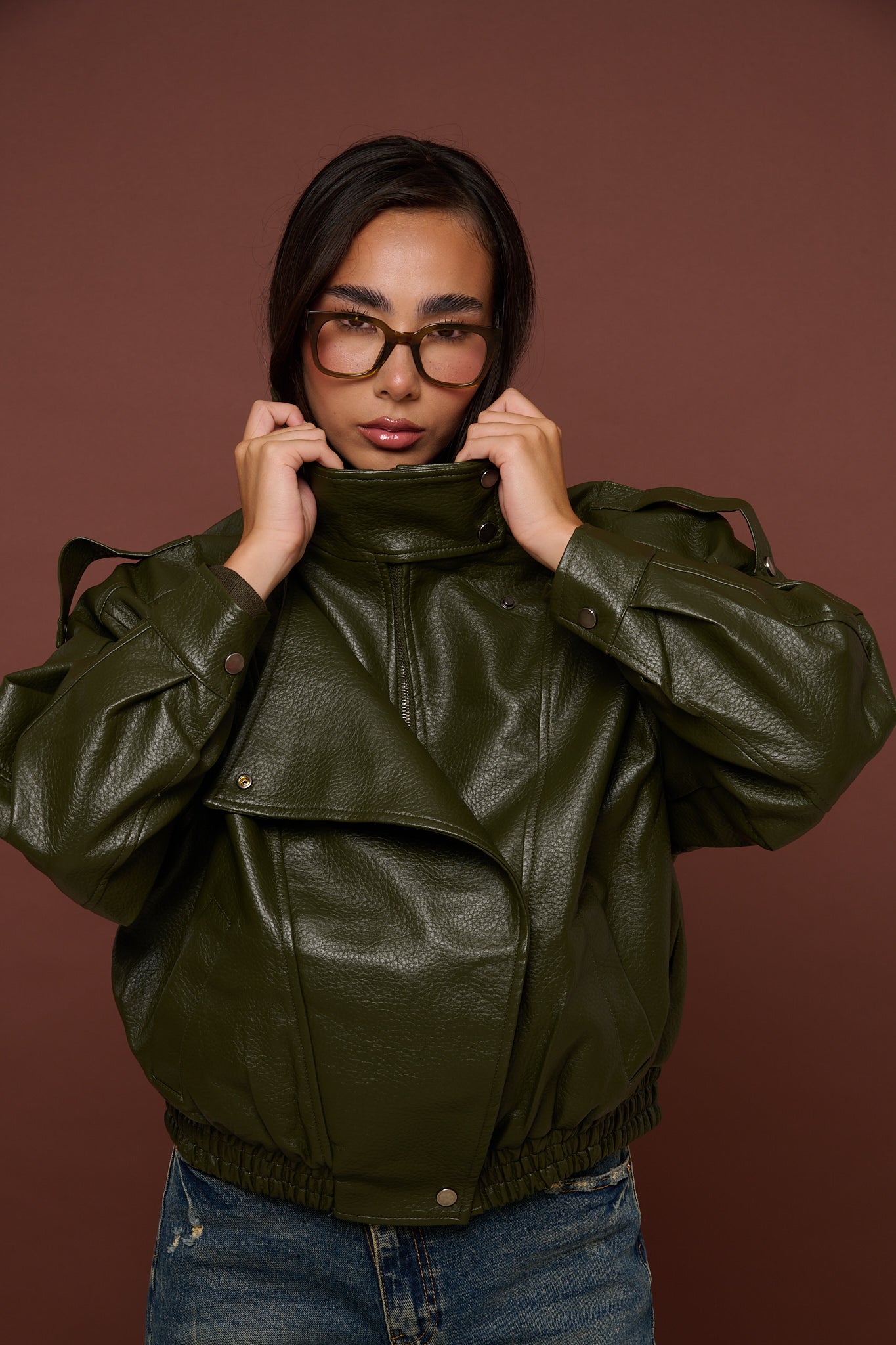 Chiodo/Bomber ‘COLLO ALTO’ ecopelle Verde Militare