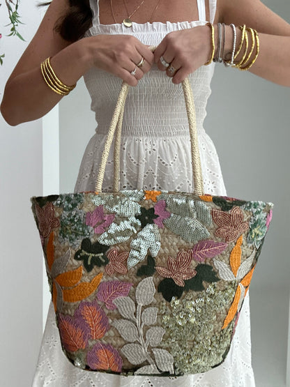 Borsa ‘FIORI PAILLETTES’ in rafia