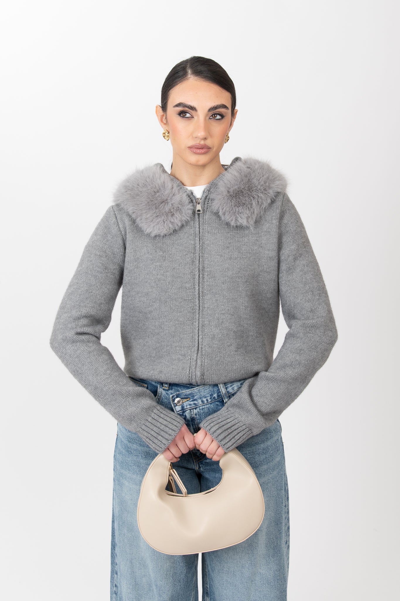 Cardigan ‘ECO-PELLICCIA e CAPPUCCIO’ Grigio