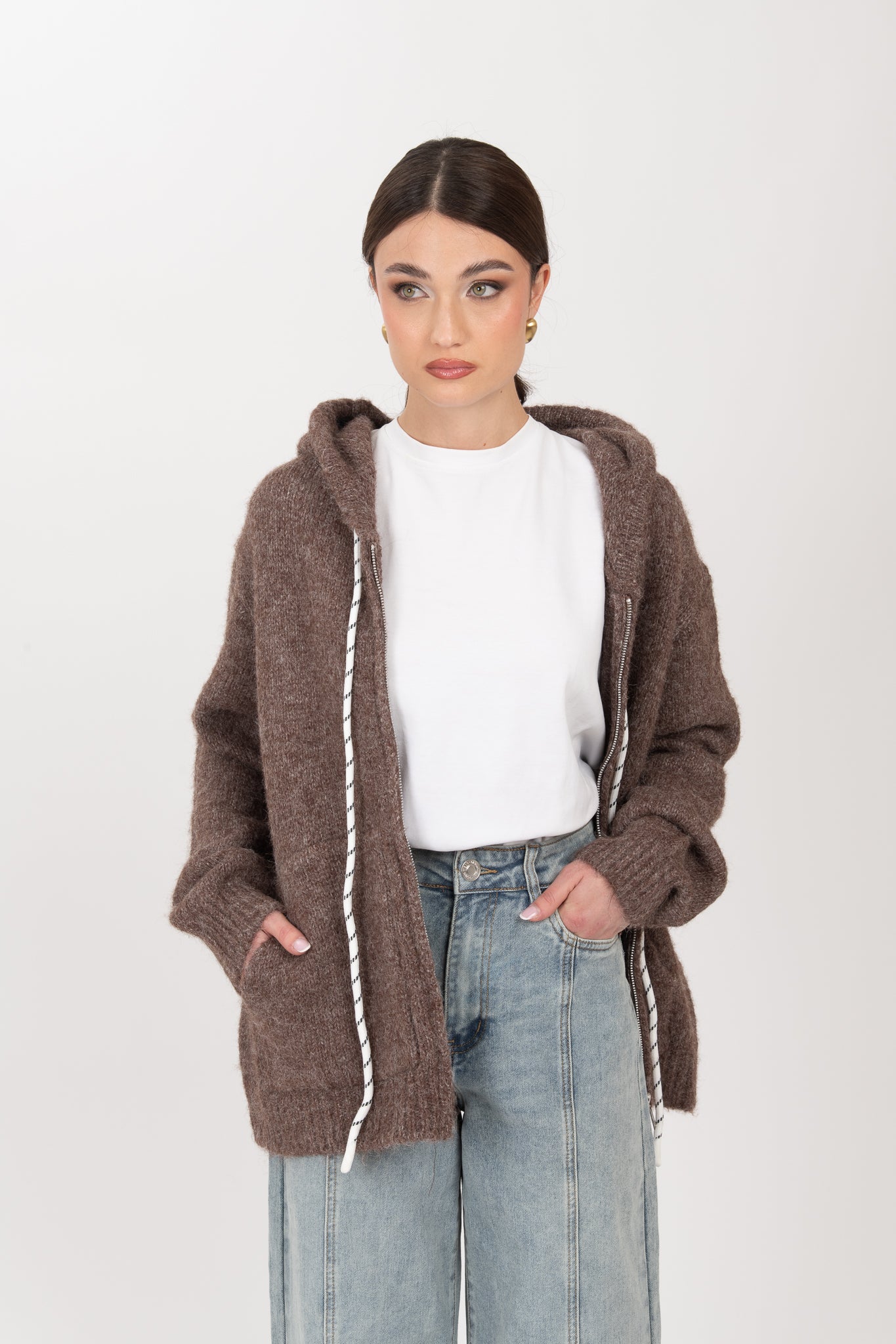 Maglione con cappuccio   ‘LACCETTI E ZIP’ Cacao