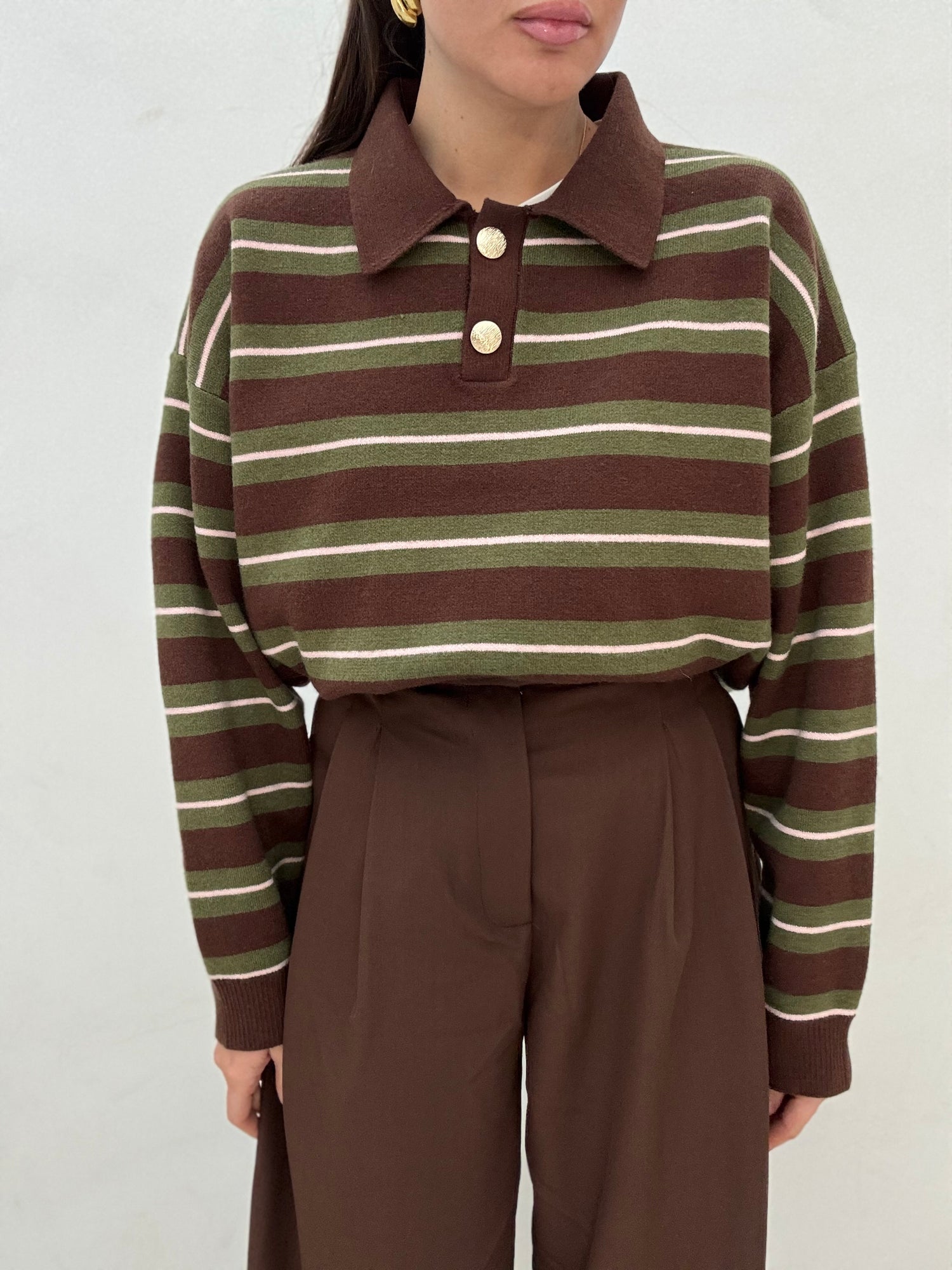 Maglione/Polo ‘BOTTONI ORO’ Righe Verde e Cacao