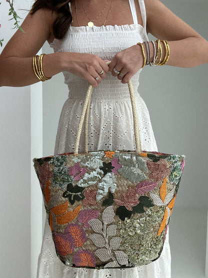 Borsa ‘FIORI PAILLETTES’ in rafia