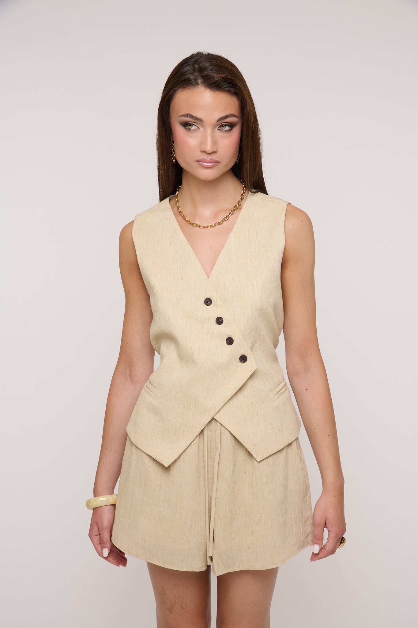 Coordinato ‘10% LINO ABBOTTONATURA ASIMMETRICA’ Beige