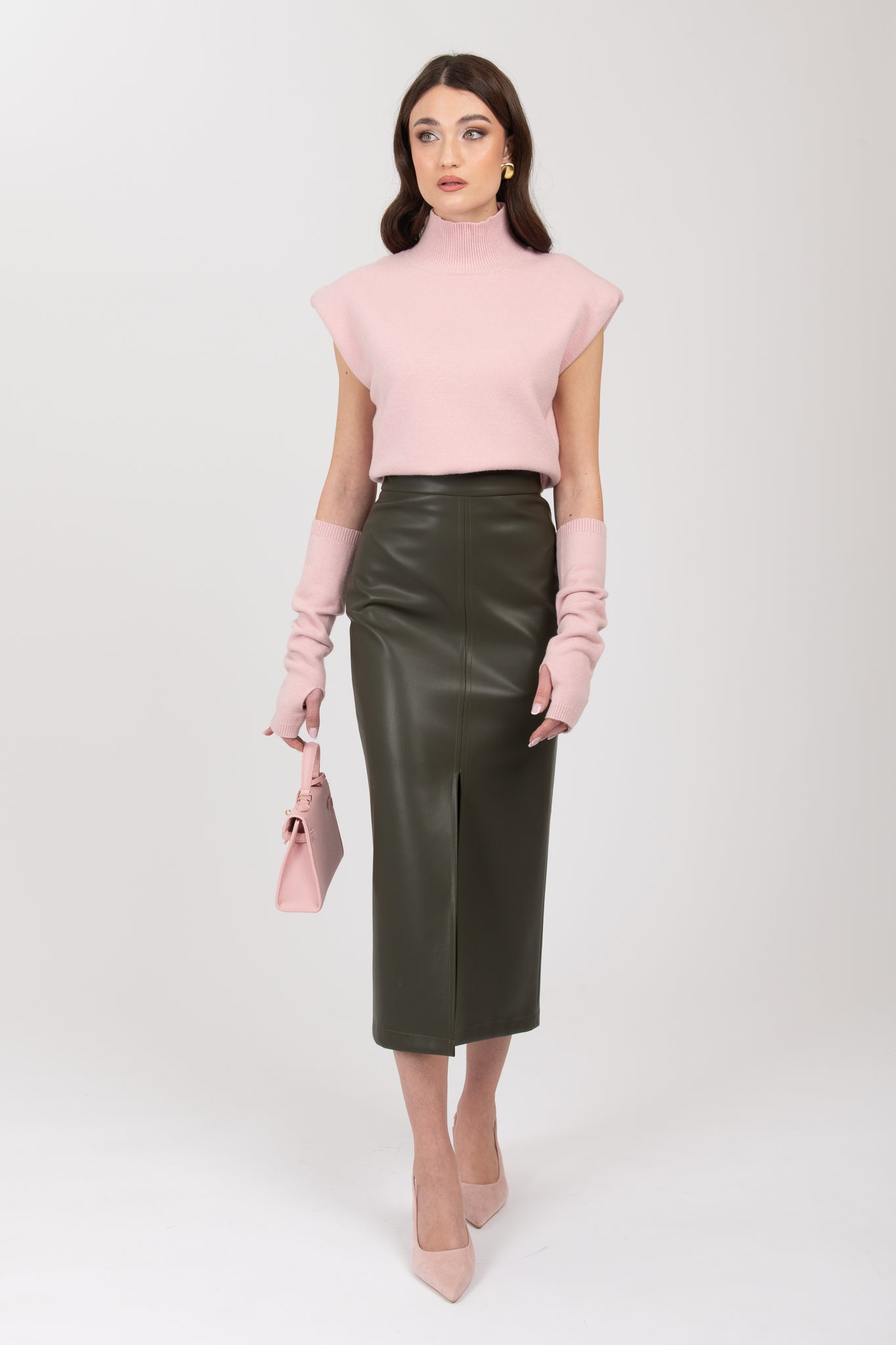 Gonna longuette ecopelle ‘3&33’ Verde Militare