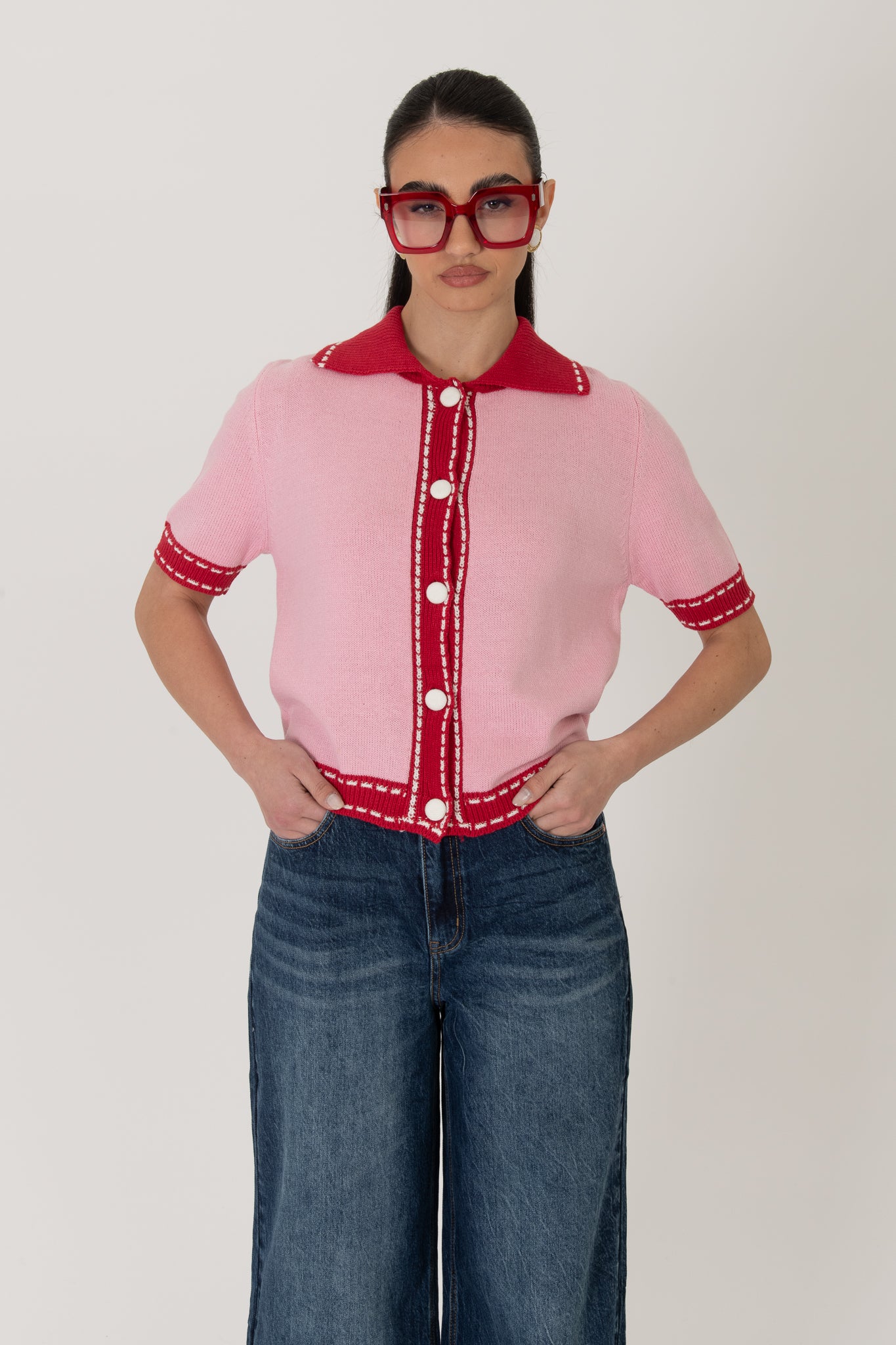 Maglione/Polo ‘BOTTONI RIVESTITI’ Rosa e Rosso
