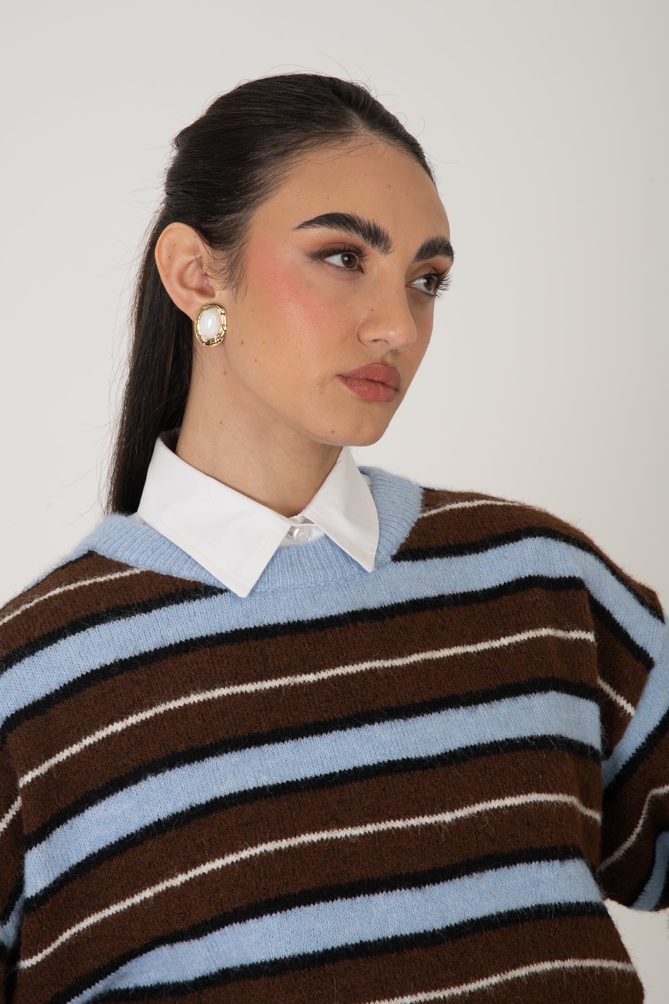 Maglione ‘RIGHE’ 10%LANA Azzurro e Cacao