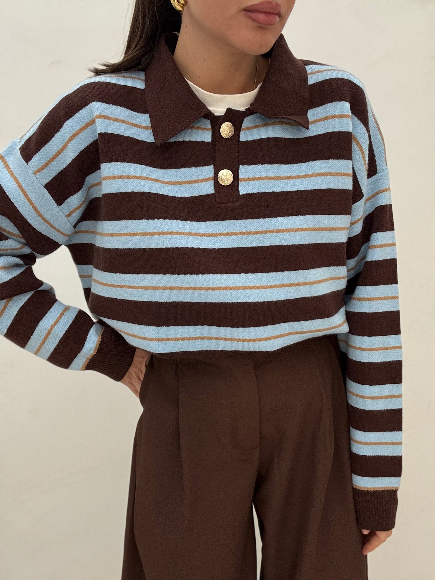 Maglione/Polo ‘BOTTONI ORO’ Righe Cacao e Azzurro