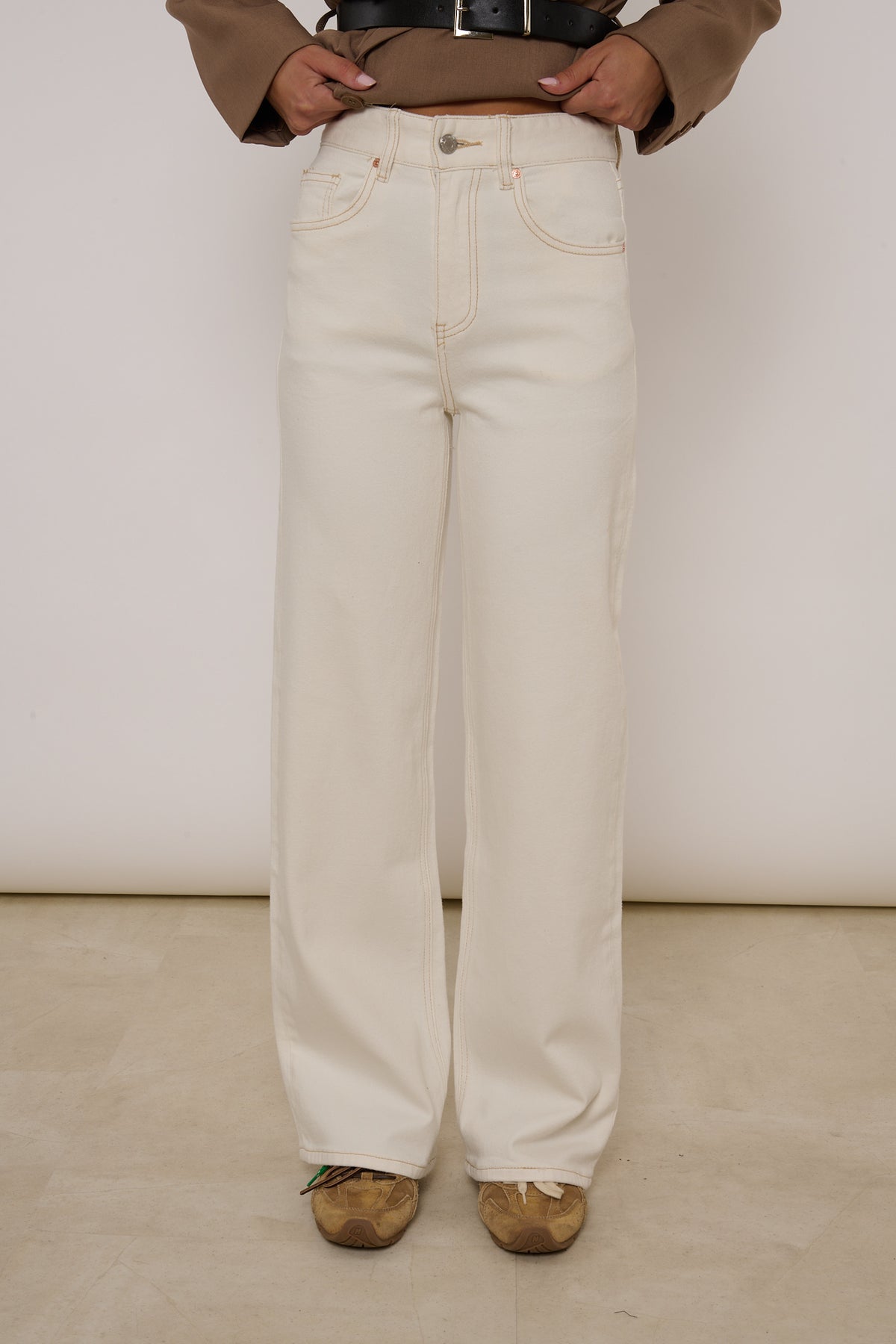 JEANS ‘WIDE LEG’ Bianco Cuciture Cuoio